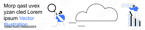 Cloud computing, data search, online storage, information analysis, digital tools, connectivity. Minimalist design with people using tools, magnifying glass cloud icon. Cloud computing and data