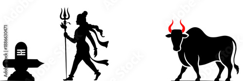 Lord Shiva Walking with Trishul Silhouette Vector, Hindu God Mahadev with Nandi Bull and Shivling Lingam, Maha Shivratri Spiritual Religious Illustration, Indian Deity Divine Concept Art on White