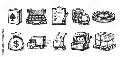 Collection of sketchy style vector icons including business, casino, and transportation themes, making it suitable for finance or gaming illustrations.