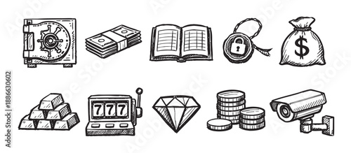 Set of hand drawn doodle financial elements featuring money, gold, securities and safety icons on a white background for finance, business or security applications.