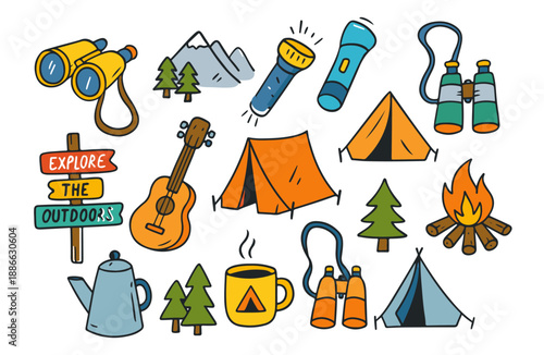 Playful Camping Adventure Icons for Outdoor Fun