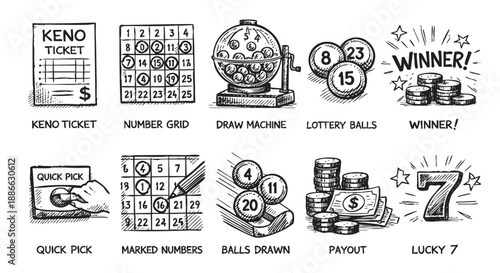Collection of hand-drawn lottery and gambling elements, including keno tickets, lottery balls, cash, and a winner star, perfect for illustrating games of chance and winning concepts.