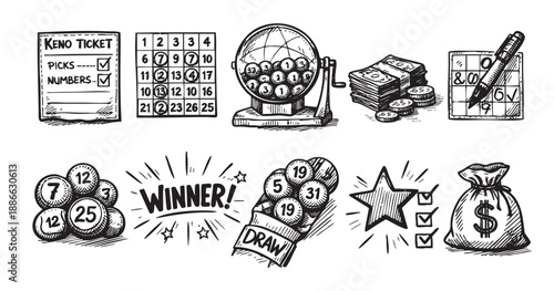 Collection of hand-drawn lottery and gambling elements, including keno tickets, lottery balls, cash, and a winner star, perfect for illustrating games of chance and winning concepts.