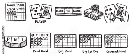 Hand-drawn illustration with Baccarat tables, cards, money and banker-player roadmaps, showcasing the popular casino game, gambling theme, and black-and-white aesthetic.