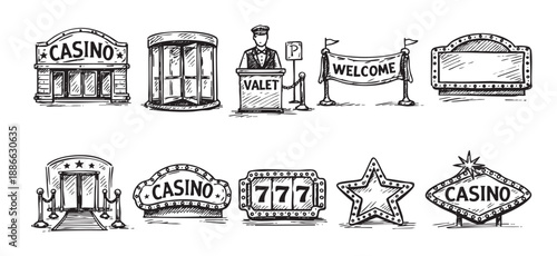 Black and white hand drawn doodles of casino icons set, including building, valet, welcome banner and slot machine. Gambling concept for illustrations.