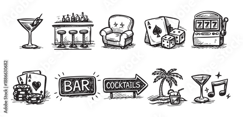 Set of vector hand drawn icons featuring bar, cocktails, gambling, and beach themes in a doodle style for creative projects and design assets.
