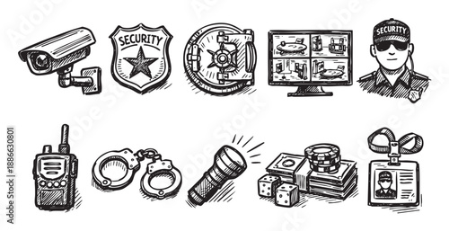 Security themed sketched icon set showing various protection equipment, including guard, camera, safe, and money, presented in a black and white vector illustration.