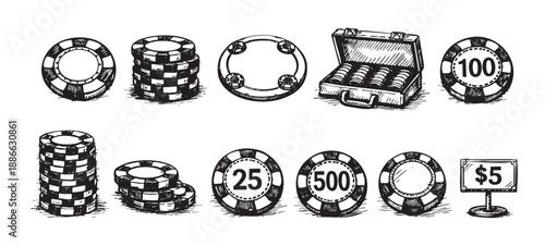 Black and white sketch illustration of casino and poker related objects, isolated on white, perfect for gambling or casino themes.