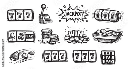Hand-drawn vector illustration featuring slot machine elements like triple sevens, coins, jackpot bursts ideal for casino promotions, gambling themed projects with vintage style.
