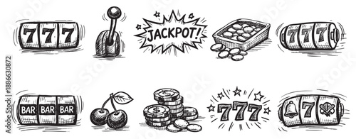 Black and white hand-drawn illustration featuring various casino elements like slot machines, jackpot, money, and fruits; evokes vintage, playful, and exciting feelings.
