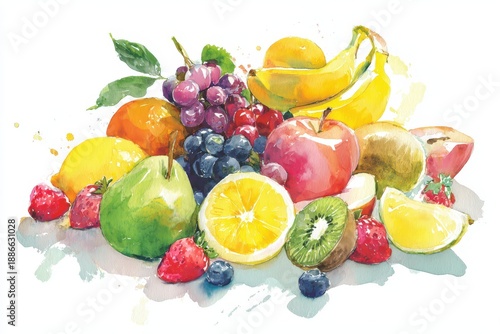 Watercolor fruit still life on white background with citrus, berries and stone fruits