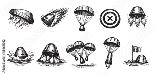Graphic black and white sketch illustration depicting various space capsules landing and crashing, for science, education, or space-themed design use.