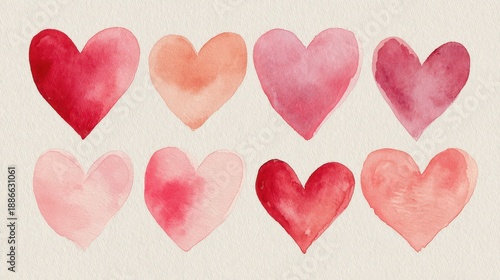 Watercolor Hearts Set for Valentine Cards â€” Hand-Painted Aquarelle Hearts on White Background