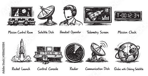 Hand-drawn elements showing space exploration including a rocket launch, control console, satellite dish, radar, telemetry screen and a mission clock, perfect for educational illustrations.