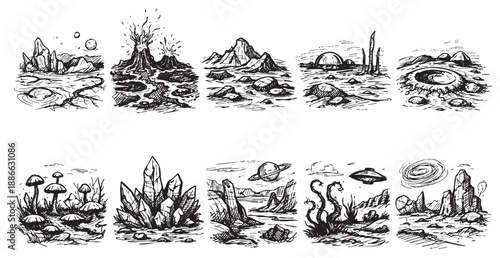 Black and white vector sketches showcase alien worlds featuring volcanoes, craters, crystals, and strange flora, ideal for sci-fi projects.