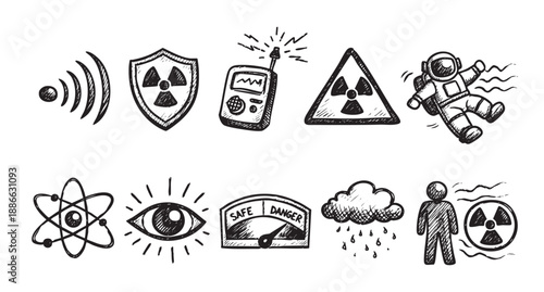 Hand-drawn collection of doodle hazard symbols and icons on white background, including radiation, wifi, rain, and eye, suitable for safety and science illustrations.
