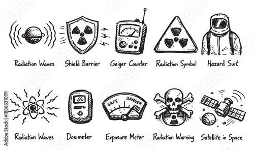 A sketch illustration featuring symbols for radiation, including a radiation shield, hazard suit, and exposure meter, all in a hand-drawn style.