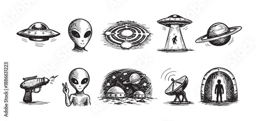 Hand-drawn illustrations of alien icons in black and white. Includes aliens, UFOs, space objects, ray gun, and teleportation device, perfect for sci-fi themes.