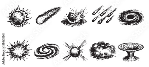 Hand drawn ink sketches depict celestial phenomena, including meteorites, black holes, galaxies, and wormholes, set against a clean white backdrop.