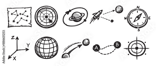 Collection of sketched icons depicting navigation, exploration, science, and travel concepts against a clean white backdrop for diverse applications.