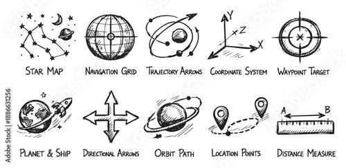 Hand-drawn vector icons depict navigation and scientific concepts, including star maps, directional arrows, target waypoints, and coordinate systems, rendered in a clean, sketch-like style.