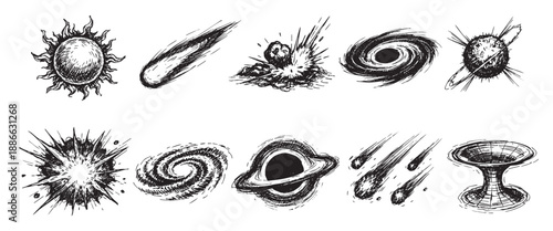 Set of hand-drawn cosmic objects including sun, comet, explosion, galaxy, planet, black hole and wormhole, sketched in black and white for use as design elements.