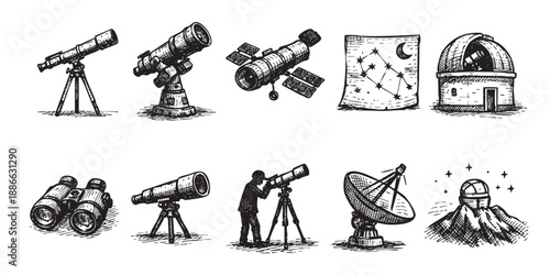 A vector image shows various astronomy objects like telescopes, observatory, satellite, and constellation chart against a white background. Perfect for science illustration, graphic design.