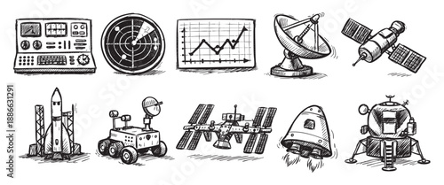 Hand-drawn style black and white illustration of space exploration technology, including a rocket, space station, radar, and lunar lander, on a clean white background.