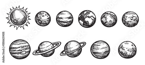 Solar system planets in a hand-drawn style, with the sun, and Earth, a vector illustration ideal for educational or design purposes.