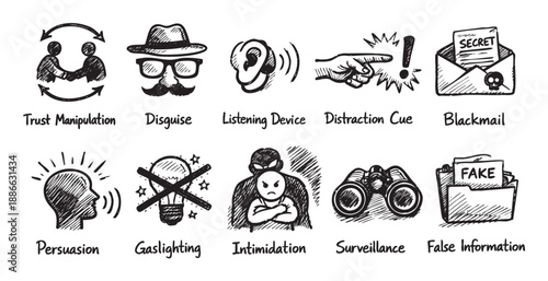 Hand-drawn sketch icons represent deceptive practices like manipulation, disguise, blackmail, persuasion, and surveillance, creating a visual metaphor for business strategy and ethical concerns.