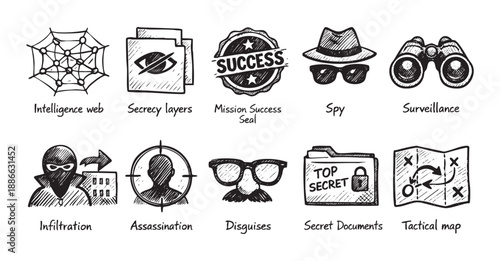 Hand drawn espionage icons symbolize secret missions, including spies, assassination, and infiltration, on a clean white backdrop, perfect for crime or thriller themes.