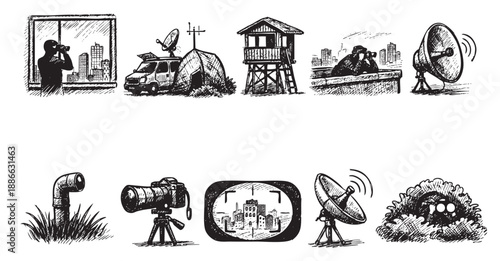 Black and white hand-drawn illustration depicting various scenes of surveillance, observation, and spying elements, including people observing and equipment.