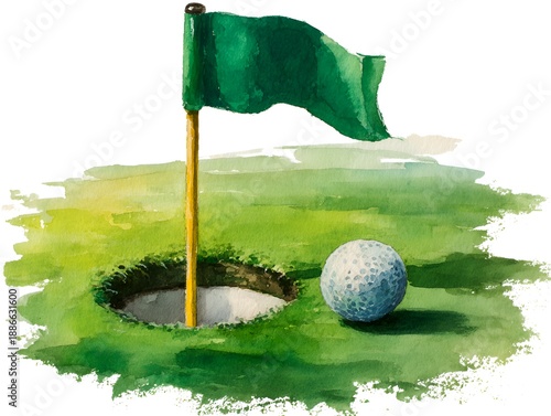 A watercolor painting features a golf ball resting near the hole with a green flag waving in the breeze on a vibrant green putting green.