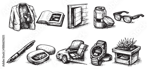 A hand-drawn doodle illustration featuring a suit jacket, book, door, can, glasses, pen, soap, car, watch, and plant, all in black and white.