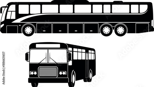 Bus silhouette illustration, modern coach and city transport vehicle, front and side view, black vector public transportation design