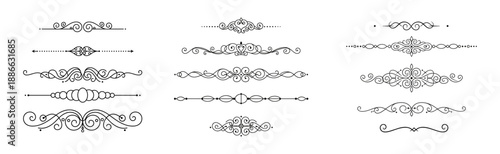 Collection of elegant vintage ornamental dividers and typographic flourishes in black line art. Perfect for wedding invitations, certificates, labels, headers, footers, classic design templates.