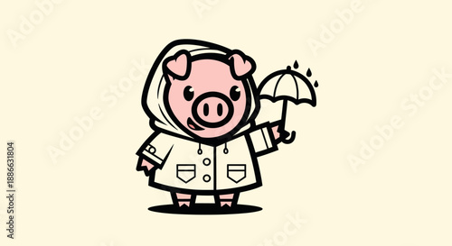 Cartoon pig in raincoat with umbrella