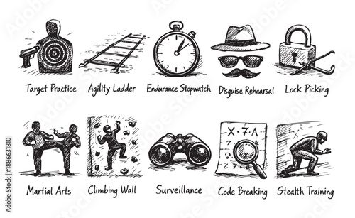 Hand-drawn sketches depict training exercises and tools used in espionage, including target practice, agility ladder, code breaking, and disguise, rendered in black and white on a white backdrop.