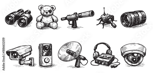 An illustrative set of miscellaneous objects, including binoculars, telescope, camera lens, and surveillance equipment, are sketched in black ink on a white background.