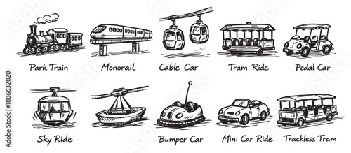 This illustration showcases a variety of ride transportation methods, including park train, monorail, cable car, tram, and bumper car, rendered in a detailed black and white sketch style.