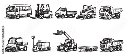 Hand-drawn sketch features an array of construction vehicles in black on a white background, perfect for illustrating logistics and transport concepts.