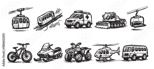 Black and white sketches of winter vehicles, including cable cars, ambulance, snowmobile, bike, and helicopter, ideal for graphic design elements.