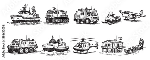 Hand-drawn illustration featuring a variety of arctic vehicles and transportation methods, including boats, trucks, snowmobiles, airplanes, helicopters, and dog sleds in black and white.