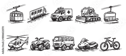 Hand-drawn sketch of various vehicles suitable for winter and mountain environments including cable car, snowmobile, ambulance, snowcat, ATV, helicopter, and bicycle against white background.