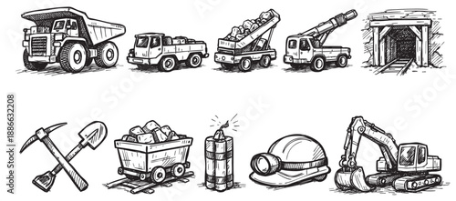 Hand-drawn sketches of mining equipment including a dump truck, mine cart, dynamite, and excavator, perfect for illustrating industry or exploration concepts.
