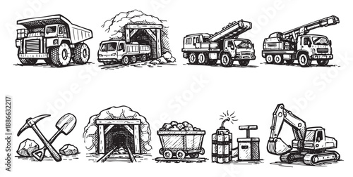 Black and white sketch illustration of various mining vehicles, tools, and equipment including dump trucks, excavators, mining carts and detonator, in a vintage style.