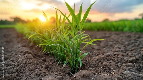 Rice field. Closeup of yellow paddy rice field with golden sun rising in autumn. 