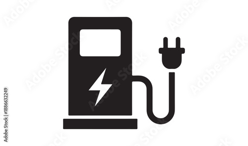 Iconic black symbol of an electric car charging station with a plug, representing clean energy and EV charging.