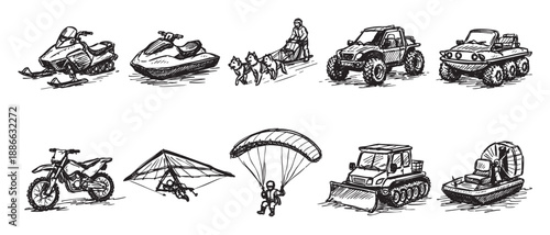Hand drawn ink illustration featuring various extreme vehicles, perfect for adventurous and adventurous designs and concepts.