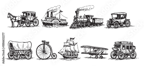 Black and white sketch of various vintage modes of transportation including carriages, ships, trains, biplane airplane, drawing style for historical representation.